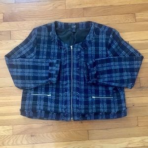 DM By Donna Moore Blue & Gray Plaid Zipper Dress Jacket with Fringe - Size 3X